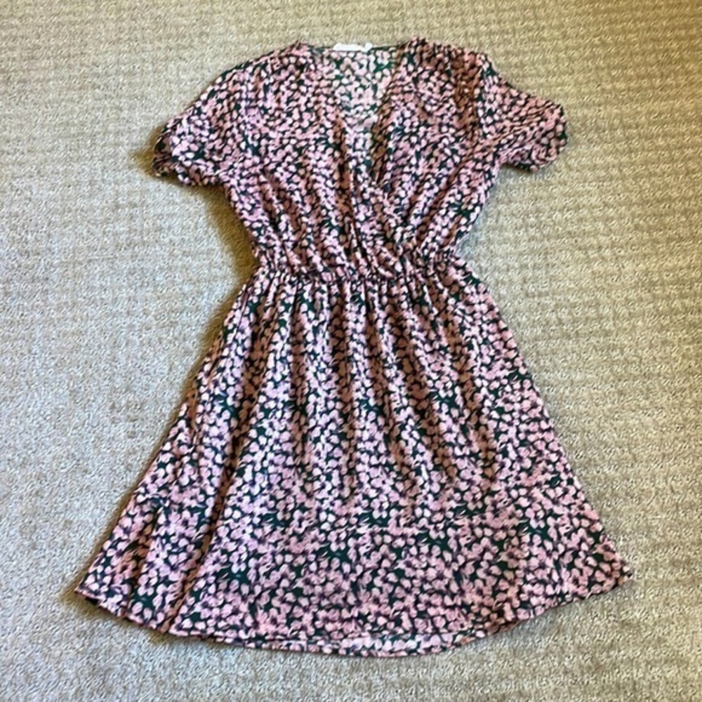 All in Favor Green with Pink Cherry Blossoms Short Sleeve Swing Dress